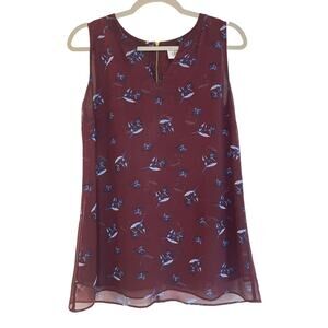 Cabi Icy Floral Bouquet Blouse Size S Burgundy Sheer Sleeveless Back Zip Fairy